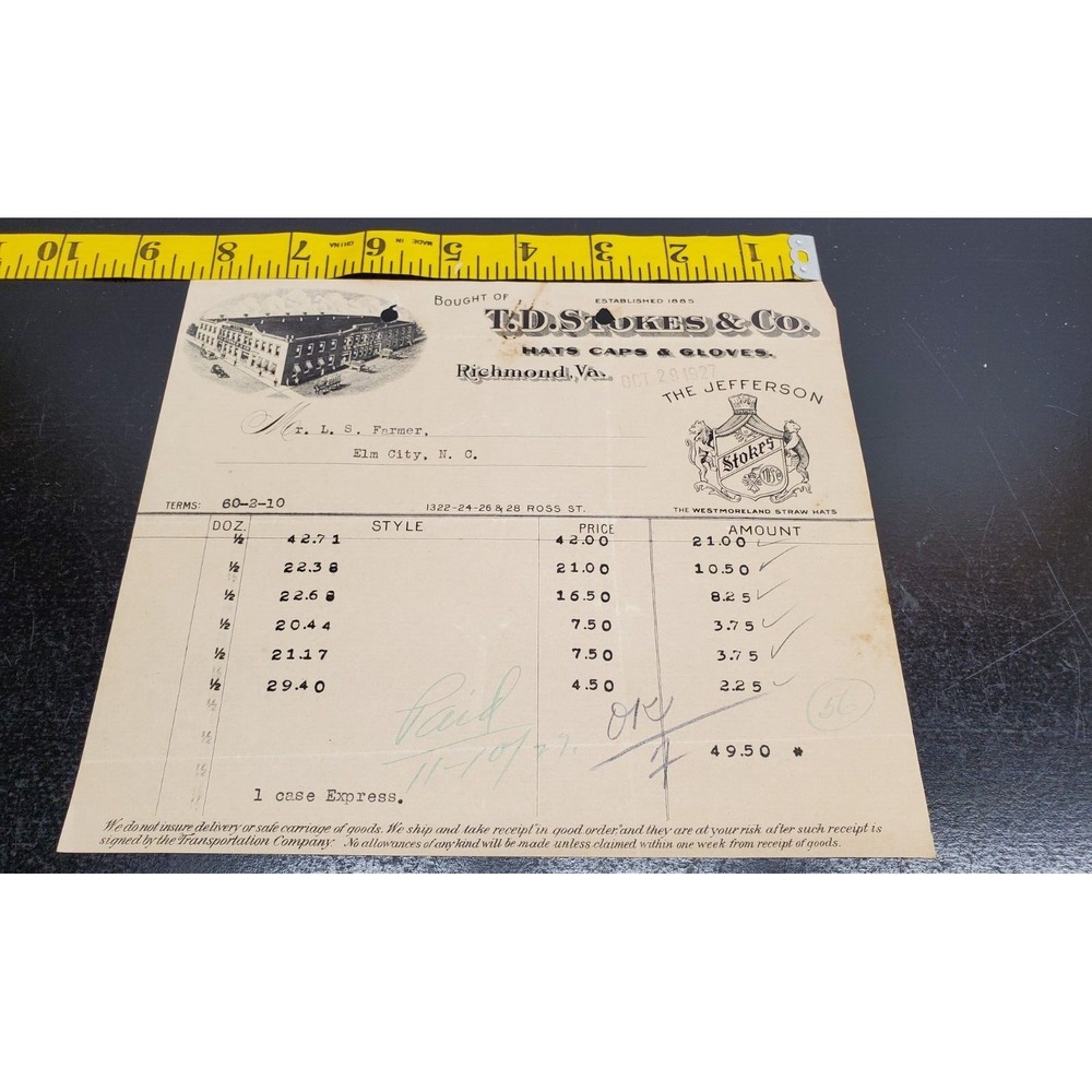 Oct 29, 1927 T.D. Stokes &‎ Co. Invoice-Hats, Caps & Gloves-Richmond Virginia